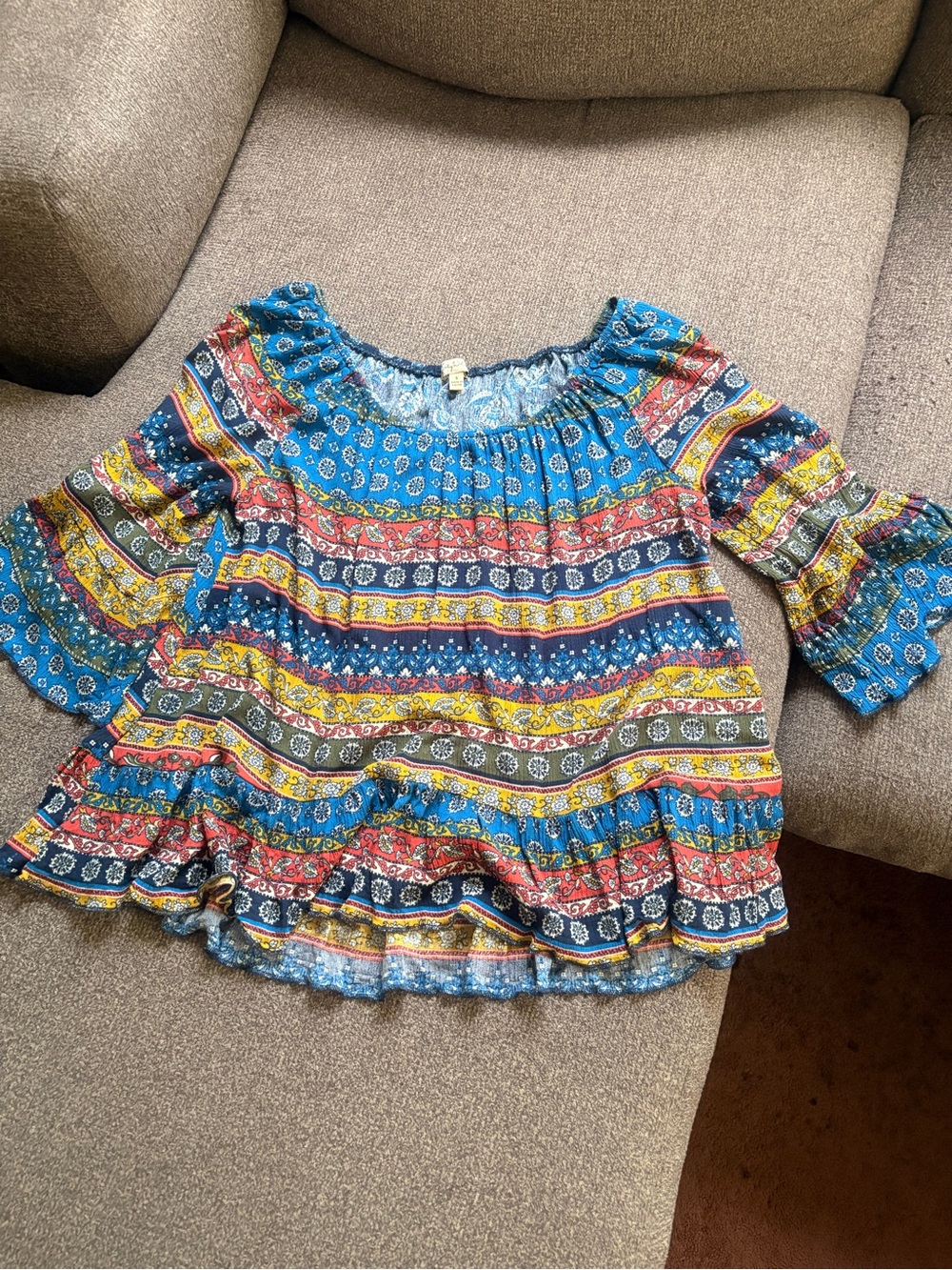 Lily Blue Multi-Stripe Boho Peasant Blouse